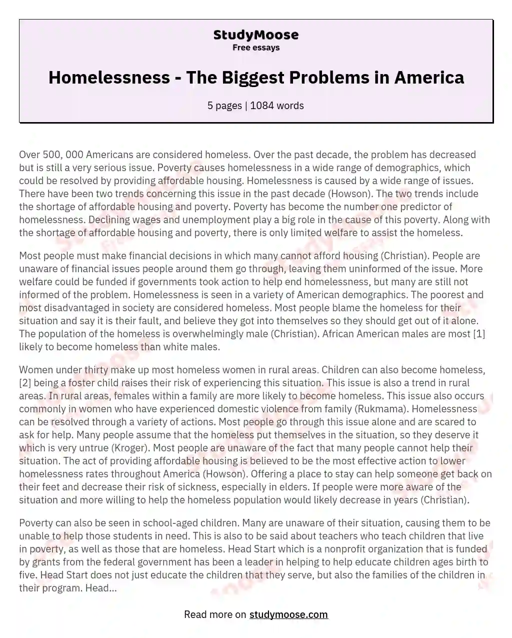 Homelessness - The Biggest Problems in America essay