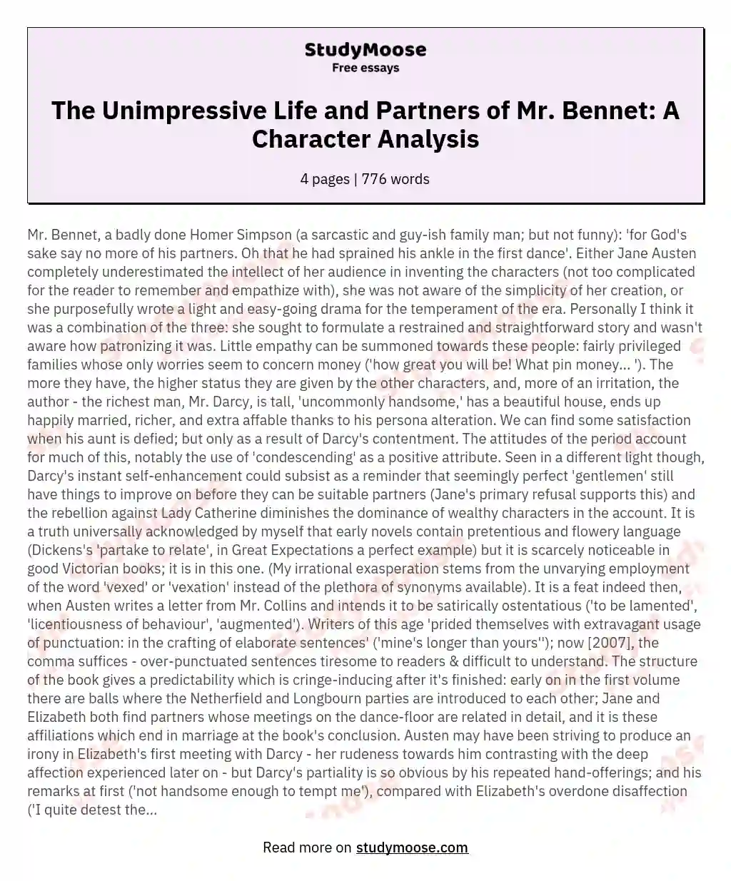 The Unimpressive Life and Partners of Mr. Bennet: A Character Analysis essay