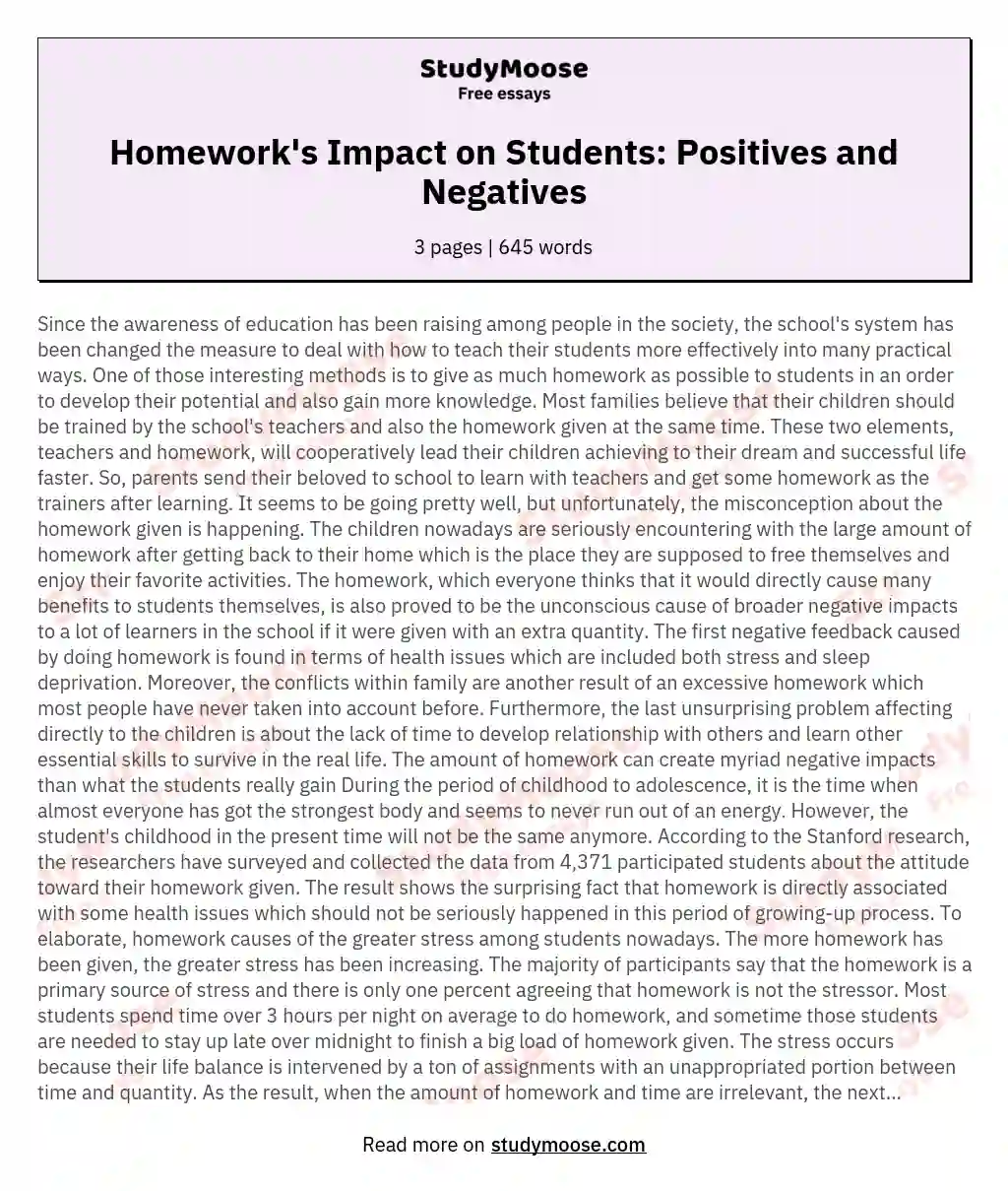 Homework's Impact on Students: Positives and Negatives essay