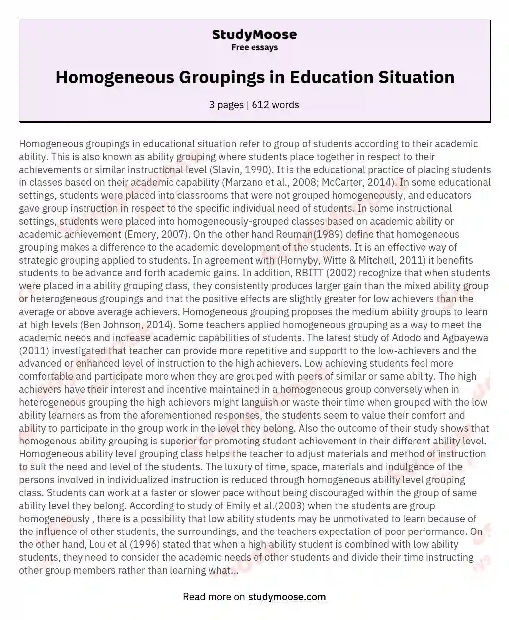 Homogeneous Groupings in Education Situation essay