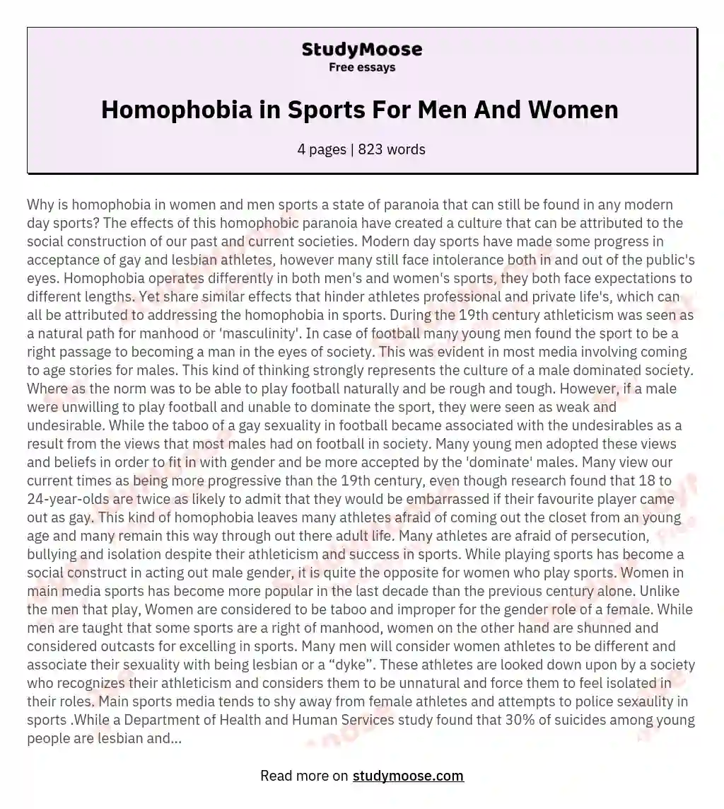 Homophobia in Sports For Men And Women  essay