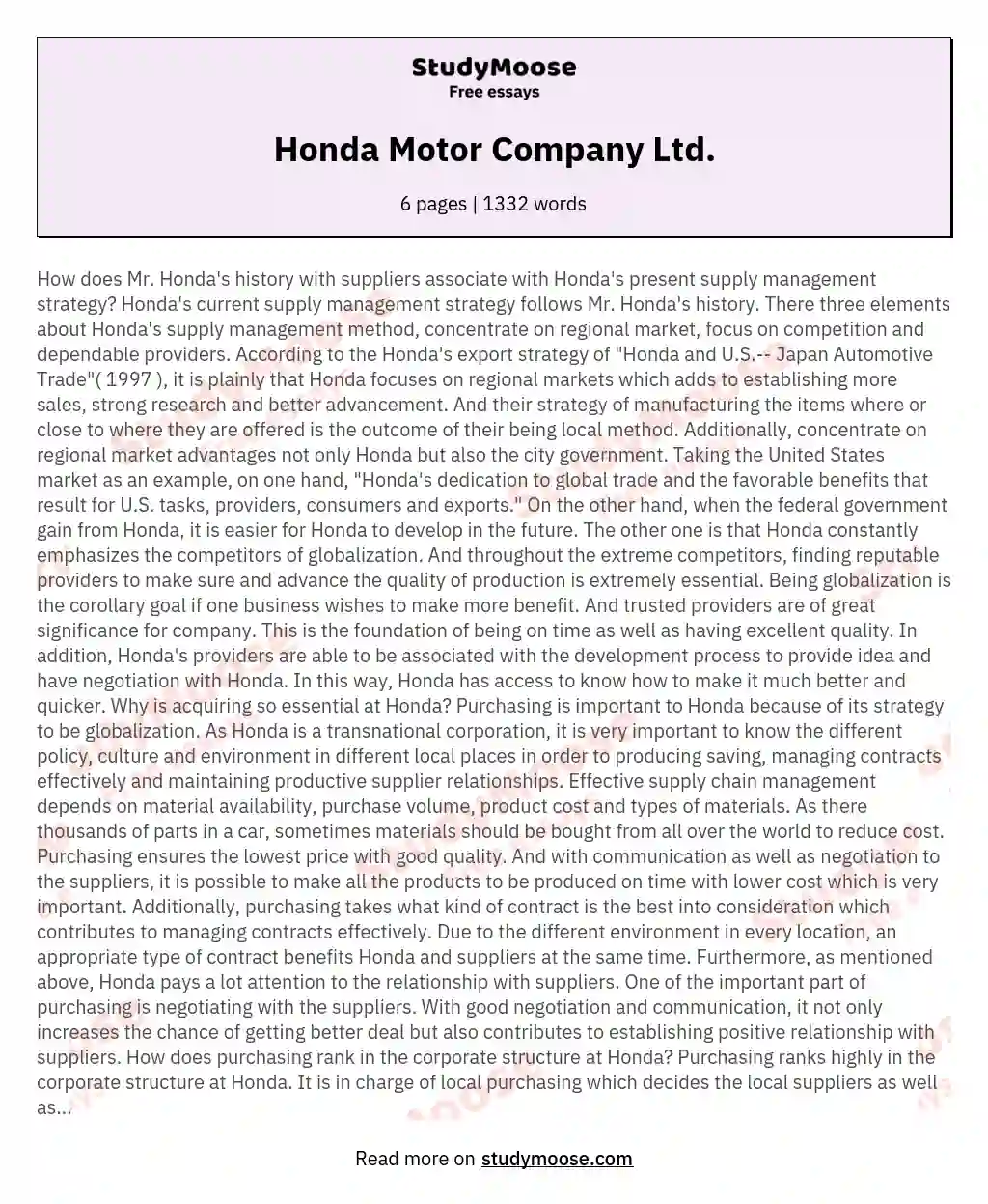 Honda Motor Company Ltd. essay