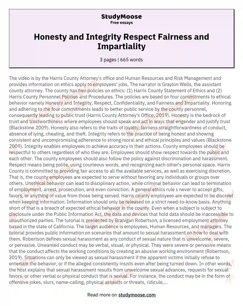 Honesty and Integrity Respect Fairness and Impartiality essay