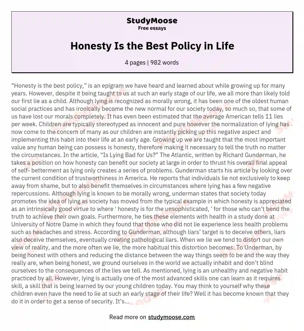 Honesty Is the Best Policy in Life essay