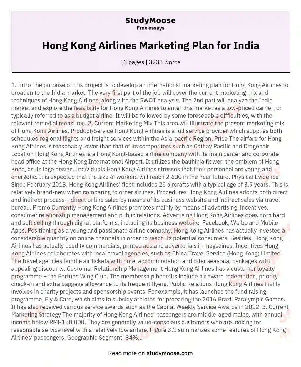 Hong Kong Airlines Marketing Plan for India