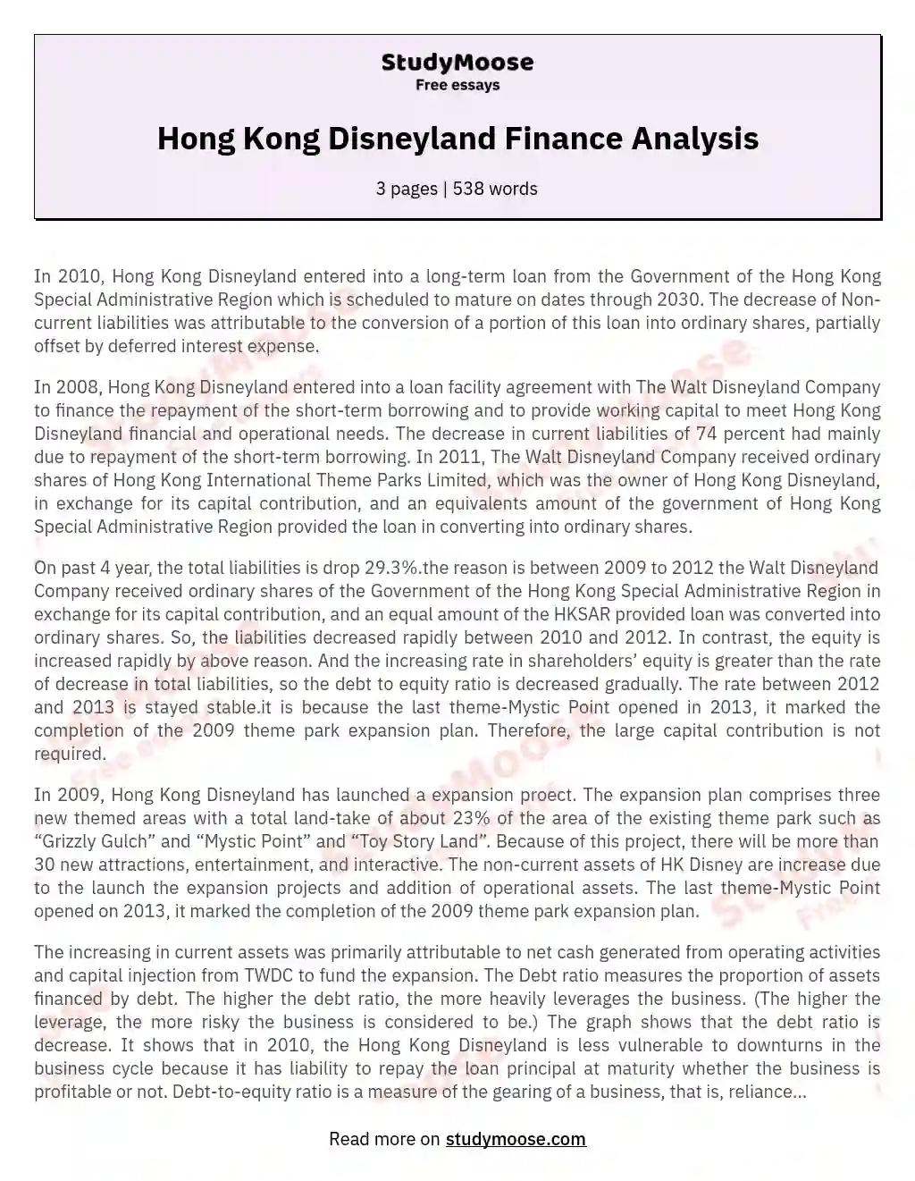 Hong Kong Disneyland Finance Analysis essay