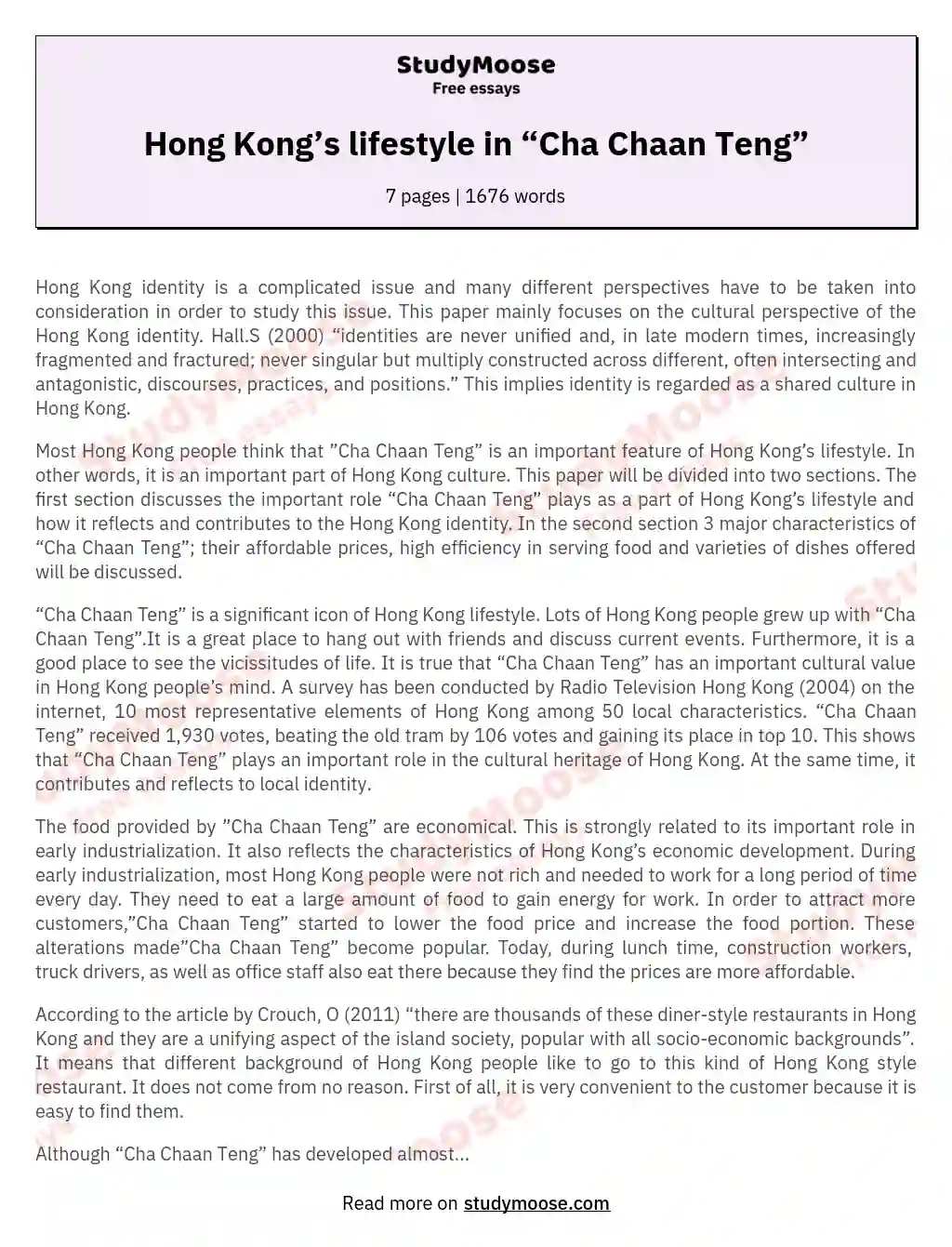 Hong Kong’s lifestyle in “Cha Chaan Teng” essay