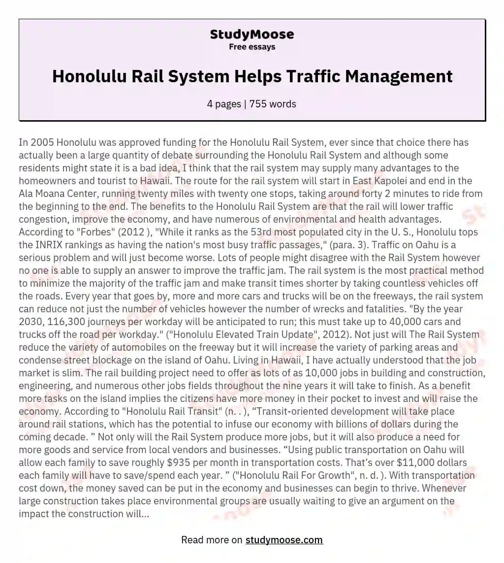 Honolulu Rail System Helps Traffic Management essay