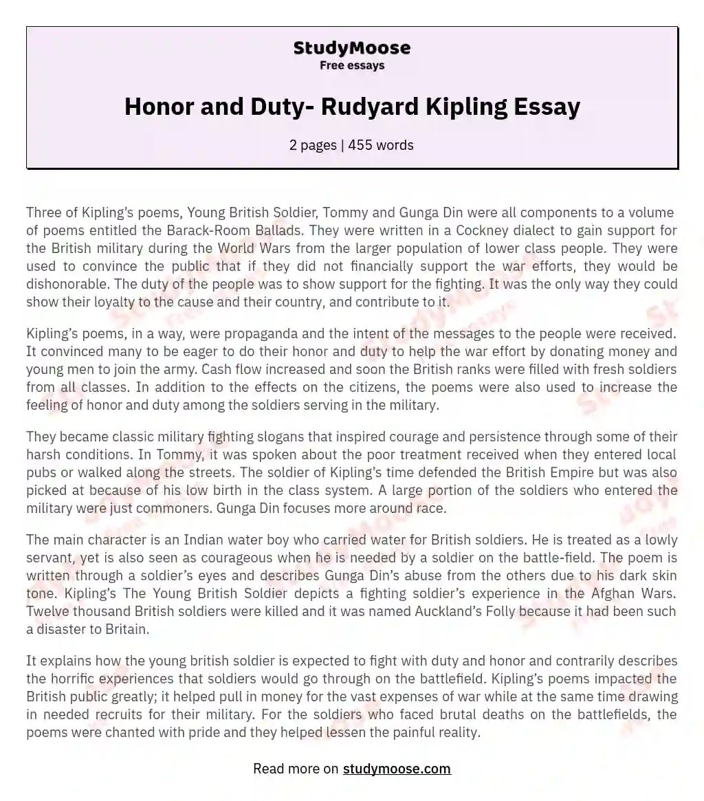 Honor and Duty- Rudyard Kipling Essay