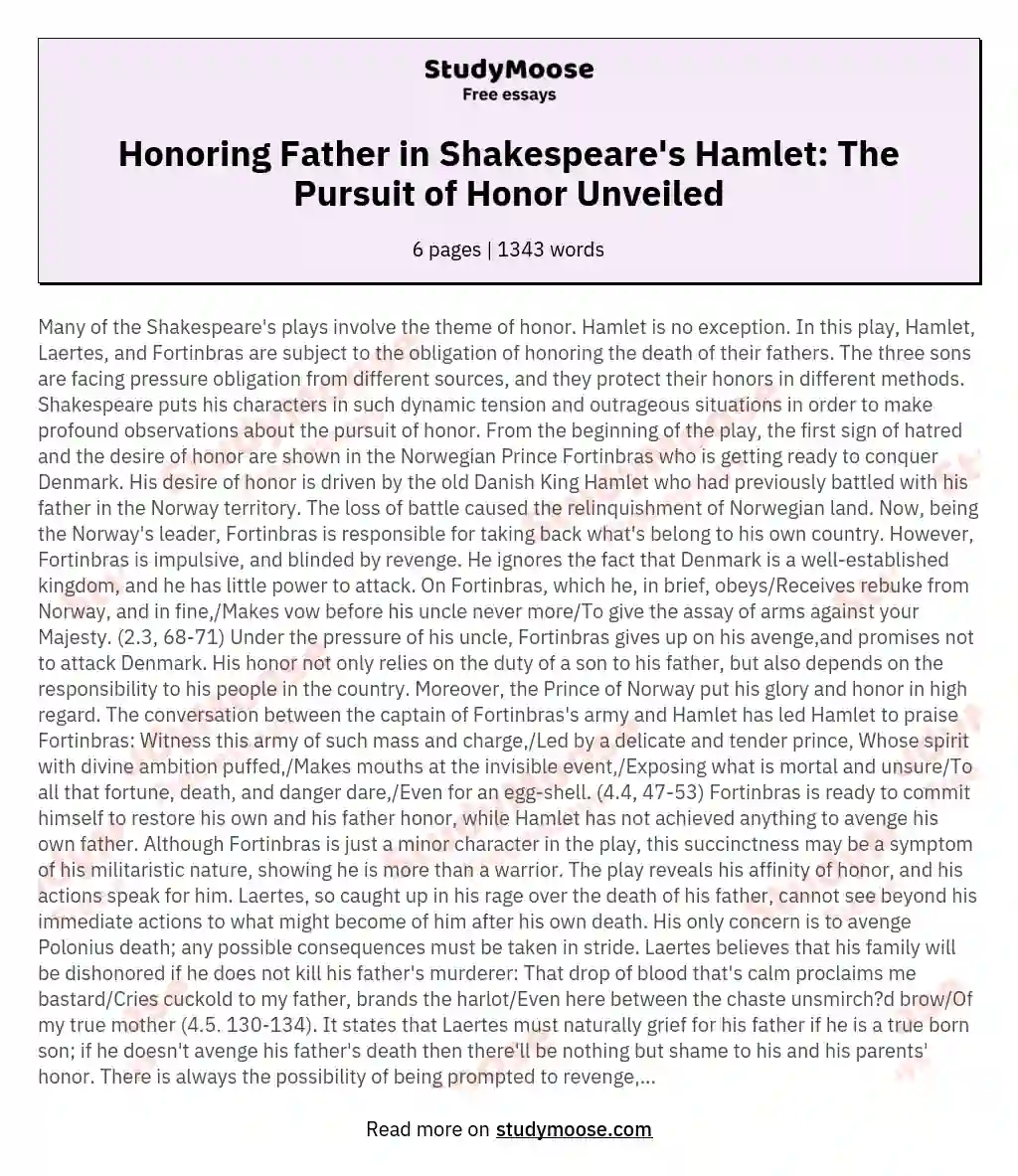 Honoring Father in Shakespeare's Hamlet: The Pursuit of Honor Unveiled essay