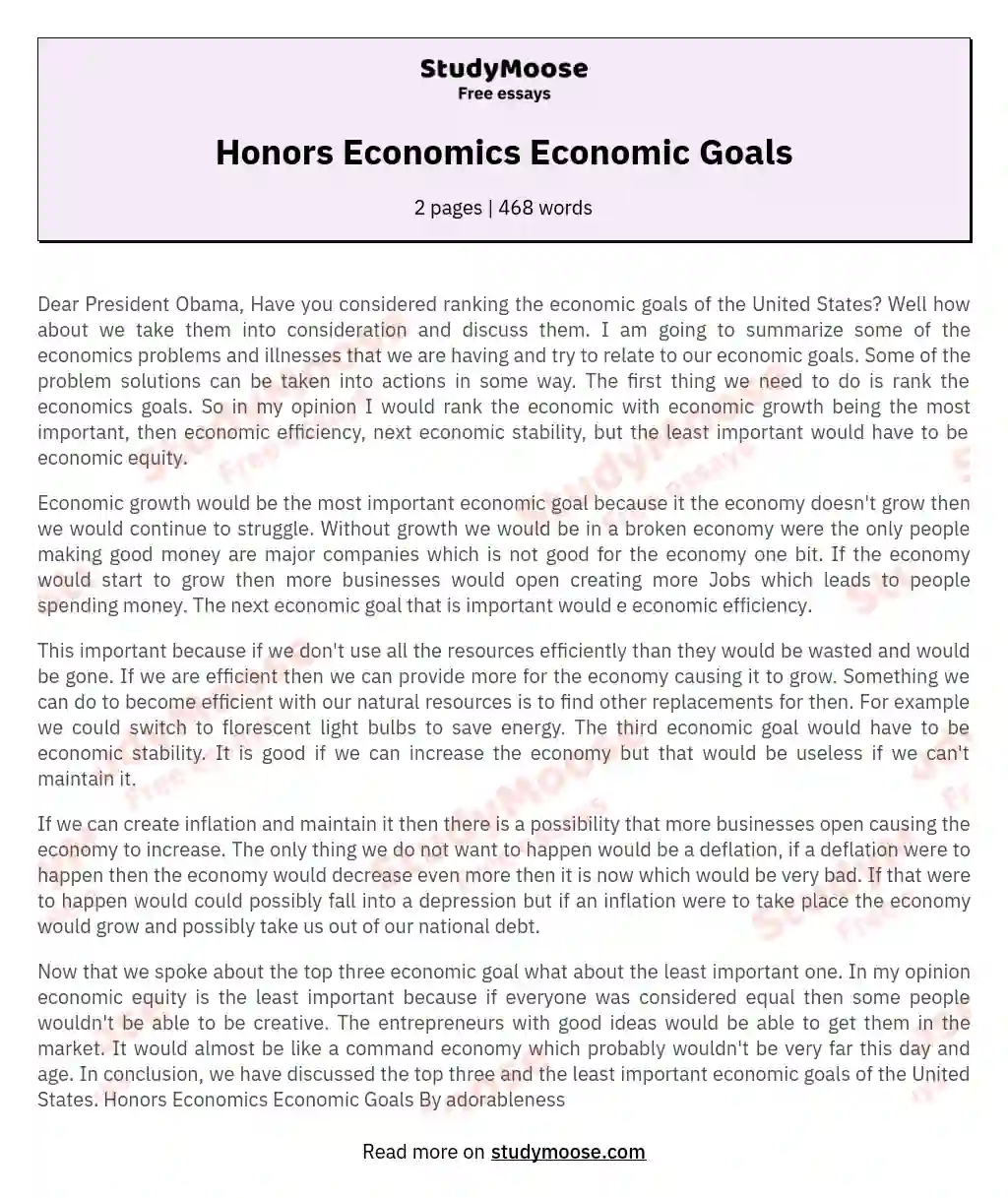 Honors Economics Economic Goals essay