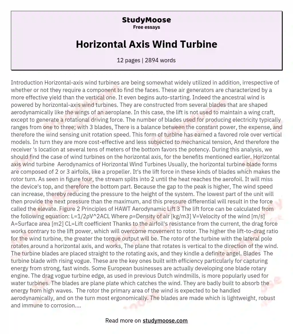 Horizontal Axis Wind Turbine essay