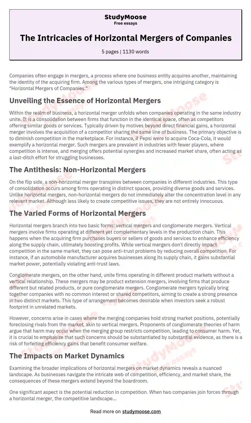 The Intricacies of Horizontal Mergers of Companies essay