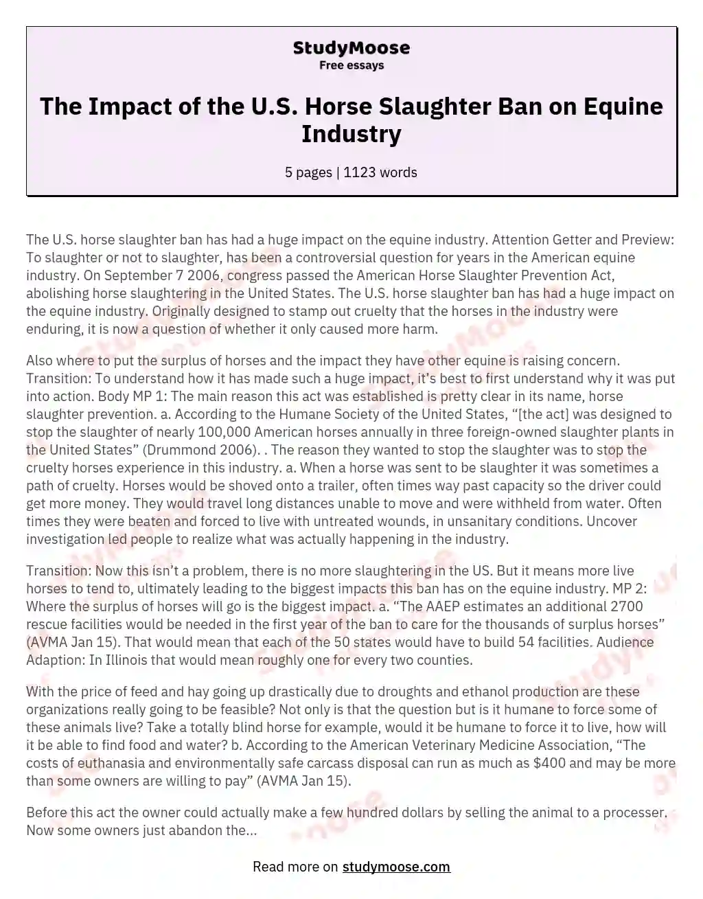 The Impact of the U.S. Horse Slaughter Ban on Equine Industry essay