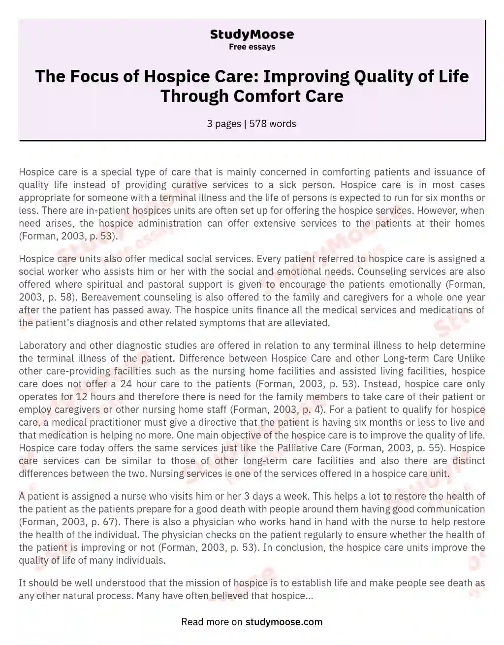 The Focus of Hospice Care: Improving Quality of Life Through Comfort Care essay