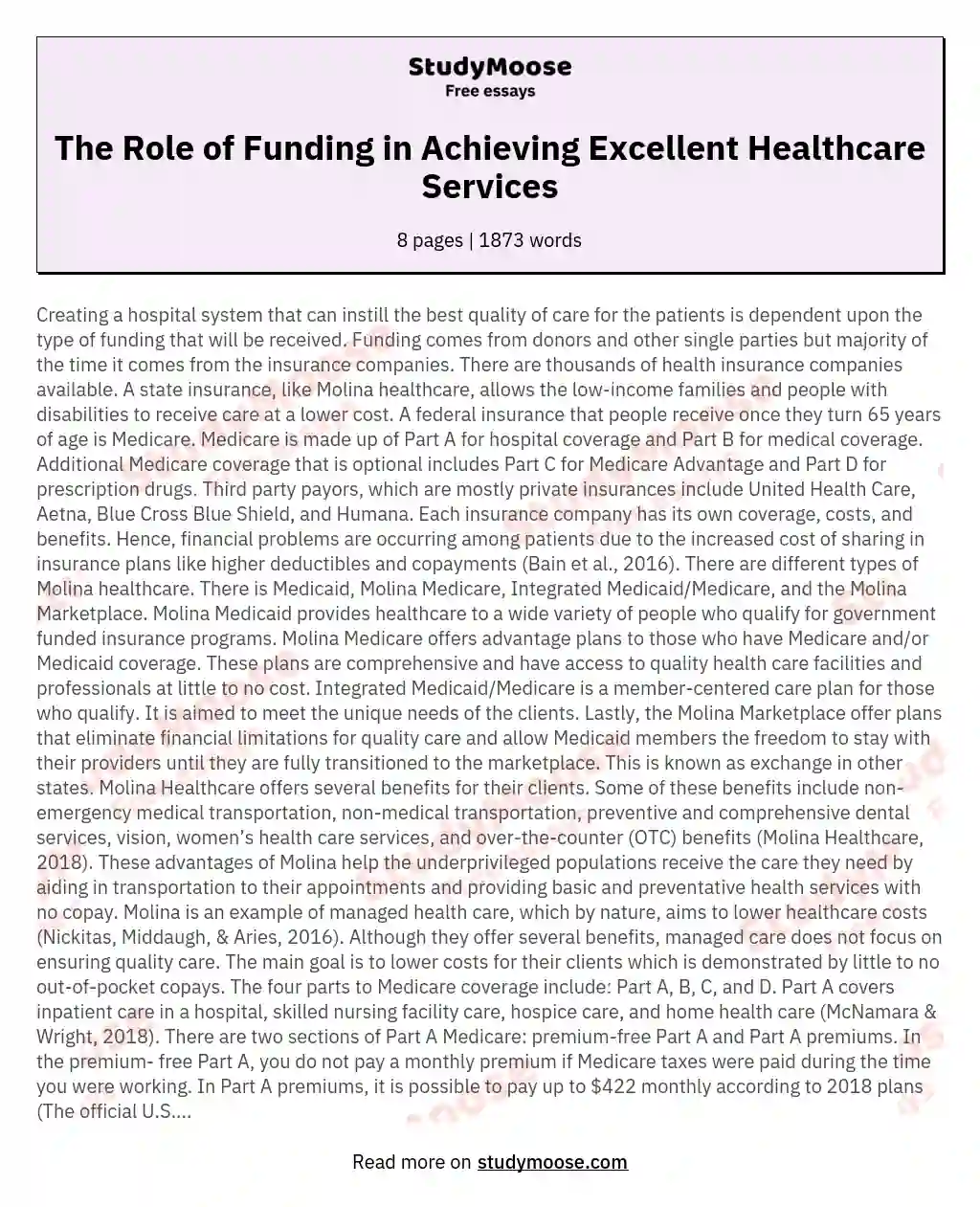The Role of Funding in Achieving Excellent Healthcare Services essay