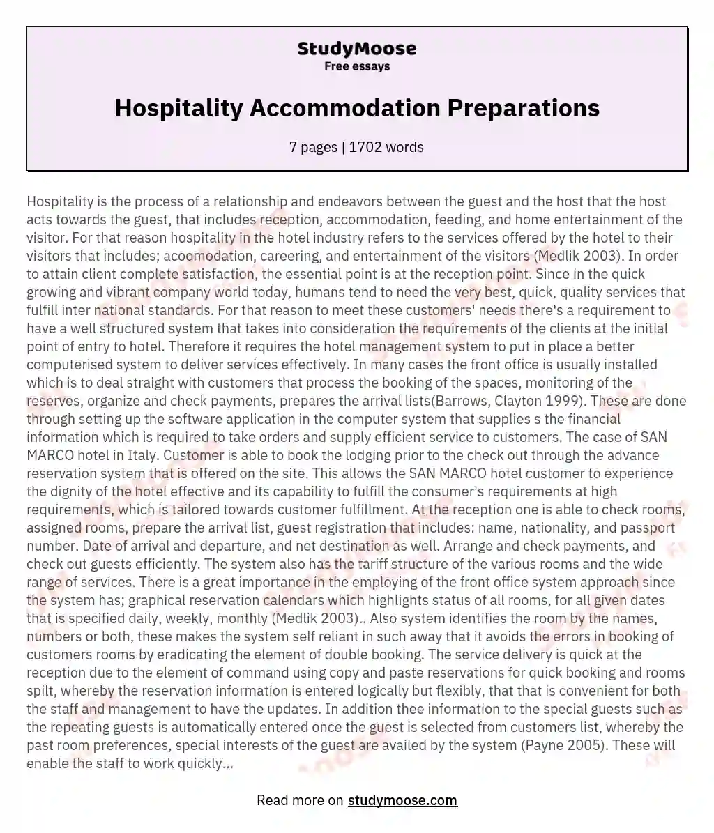 Hospitality Accommodation Preparations