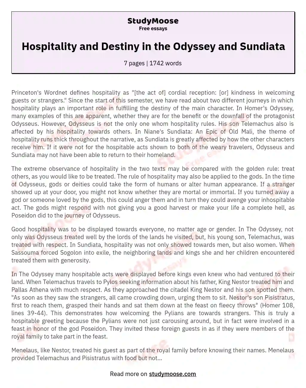 Hospitality and Destiny in the Odyssey and Sundiata essay
