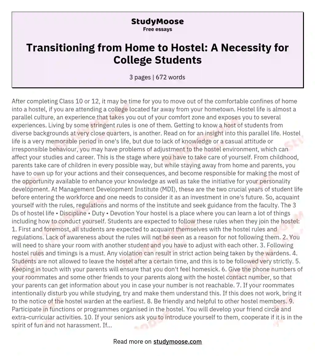 Transitioning from Home to Hostel: A Necessity for College Students essay
