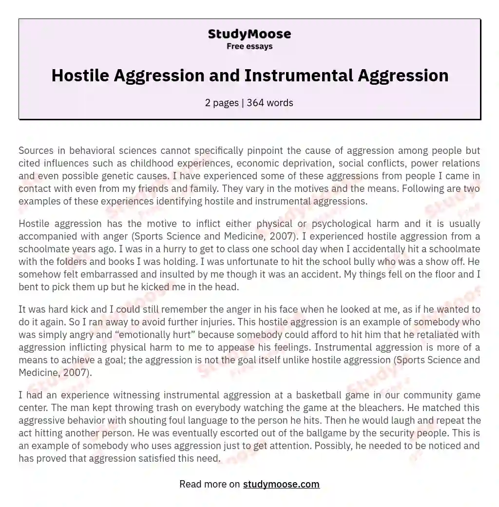 Hostile Aggression and Instrumental Aggression essay