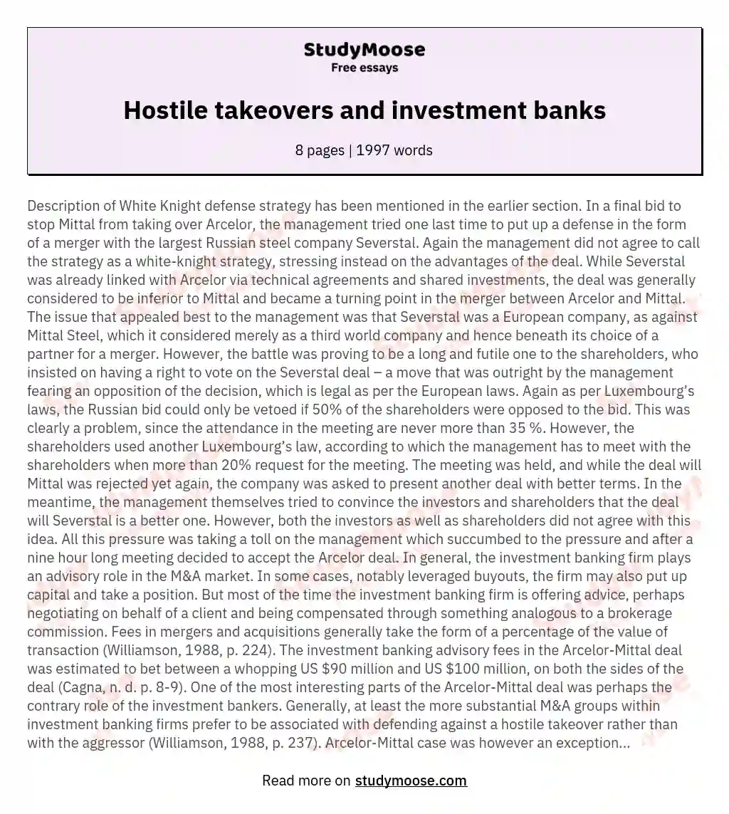 Hostile takeovers and investment banks essay