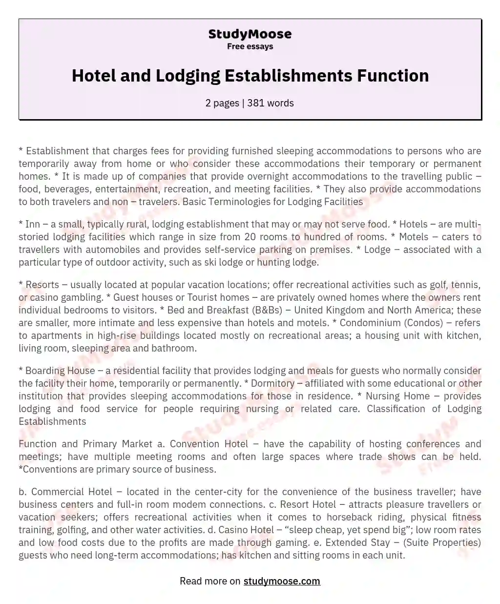 Hotel and Lodging Establishments Function essay