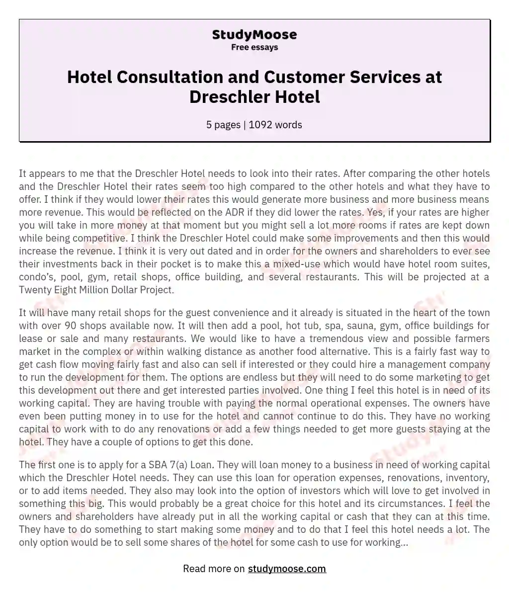 Hotel Consultation and Customer Services at Dreschler Hotel