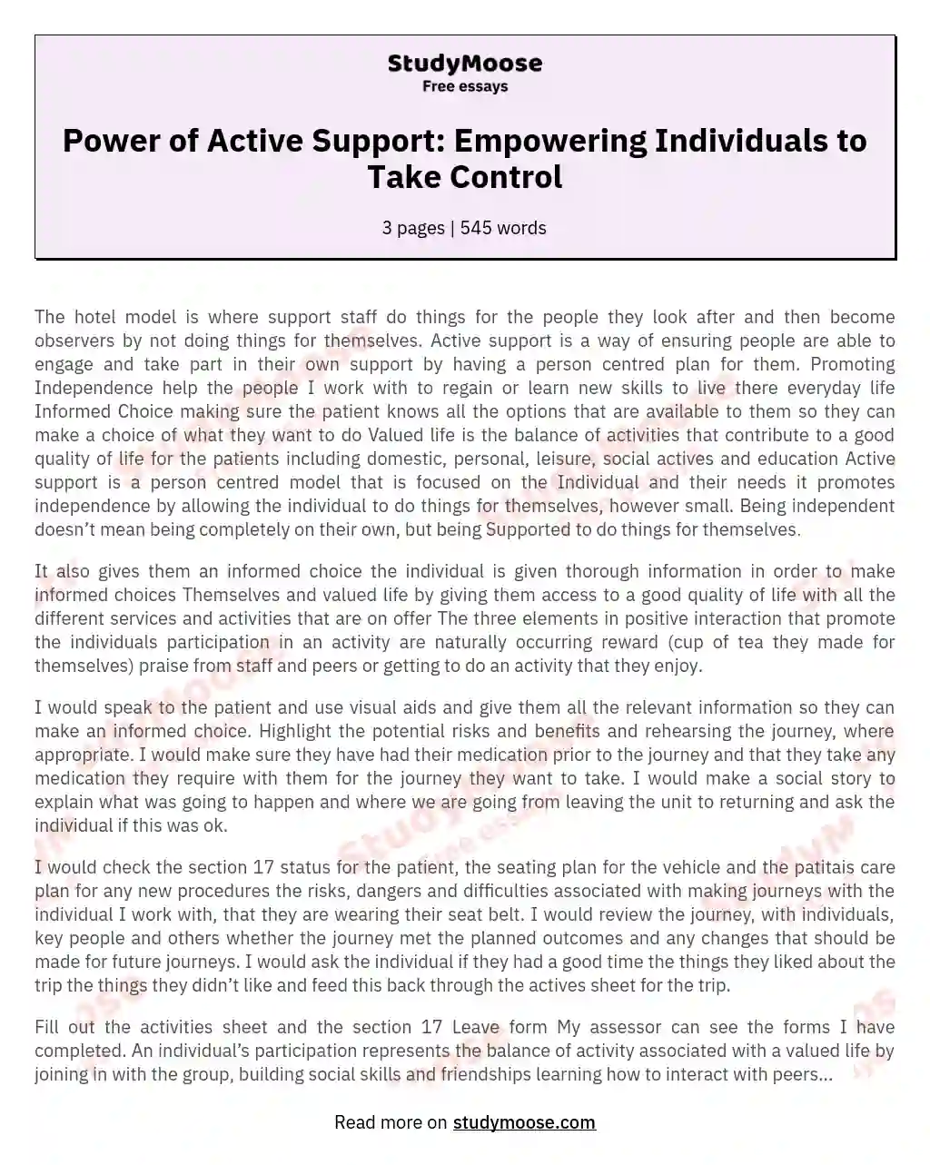 Power of Active Support: Empowering Individuals to Take Control essay