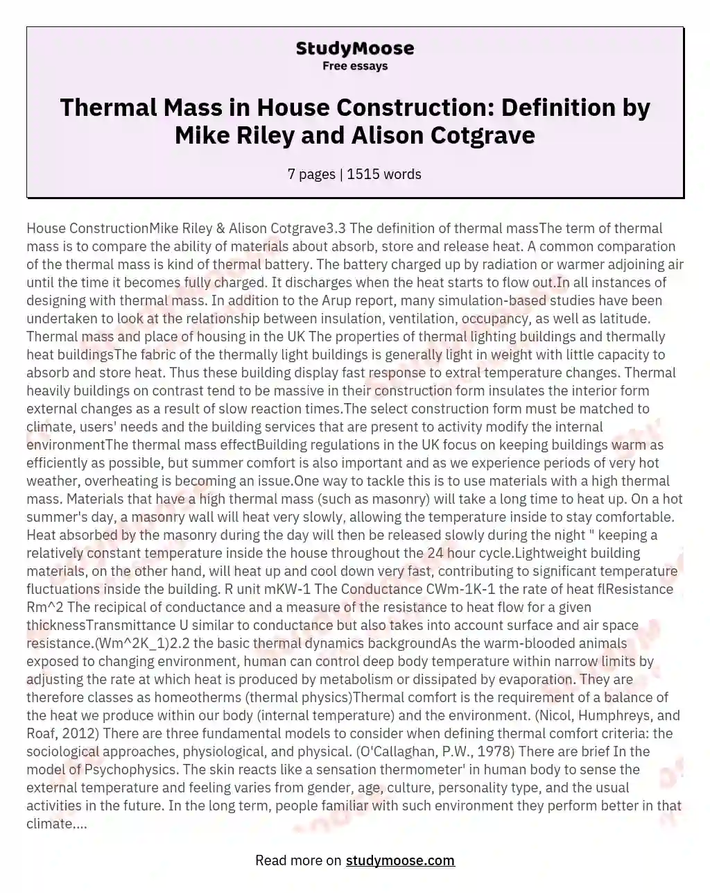 Thermal Mass in House Construction: Definition by Mike Riley and Alison Cotgrave essay