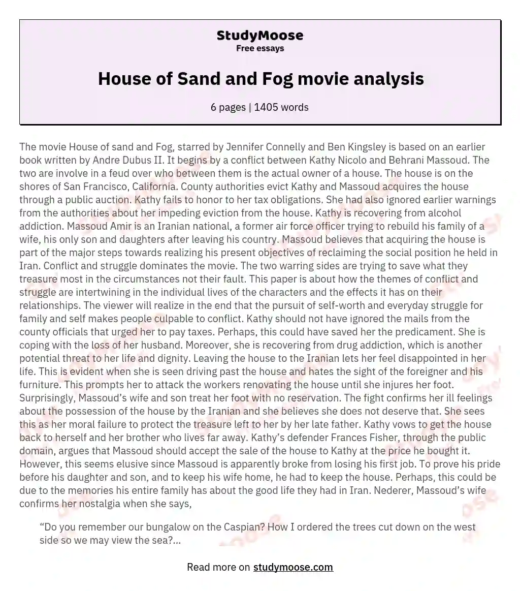 House of Sand and Fog movie analysis essay