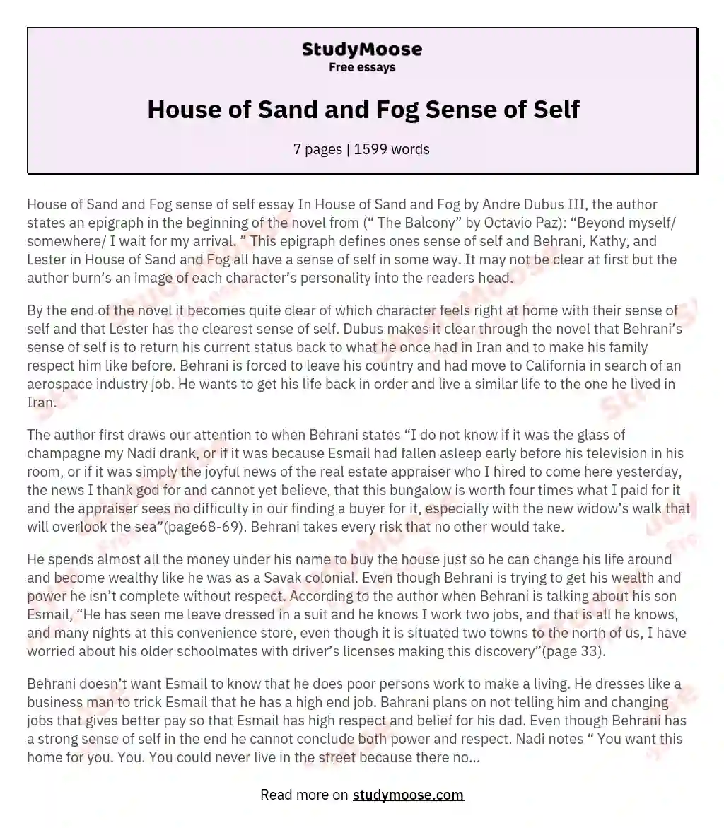House of Sand and Fog Sense of Self essay