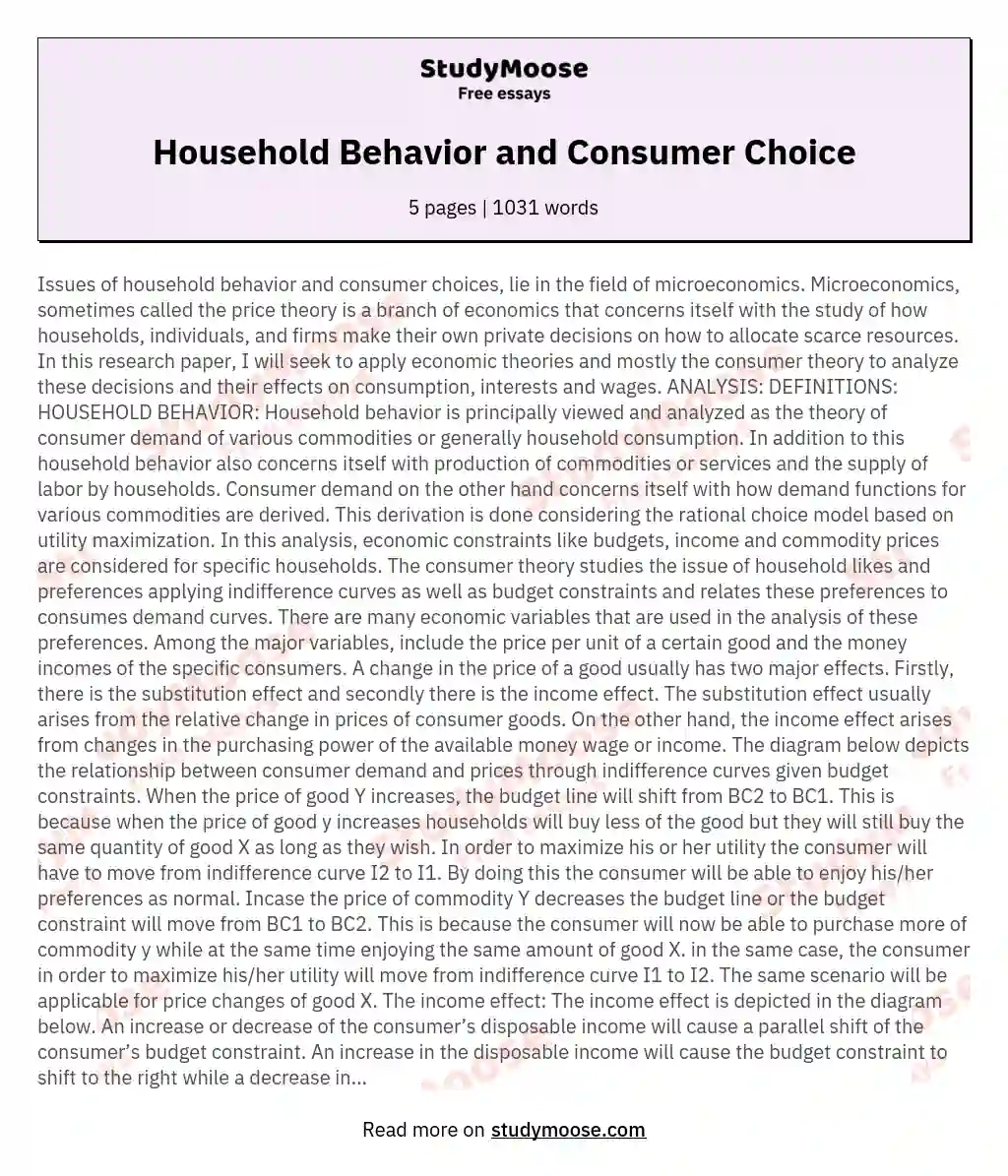 Household Behavior and Consumer Choice essay