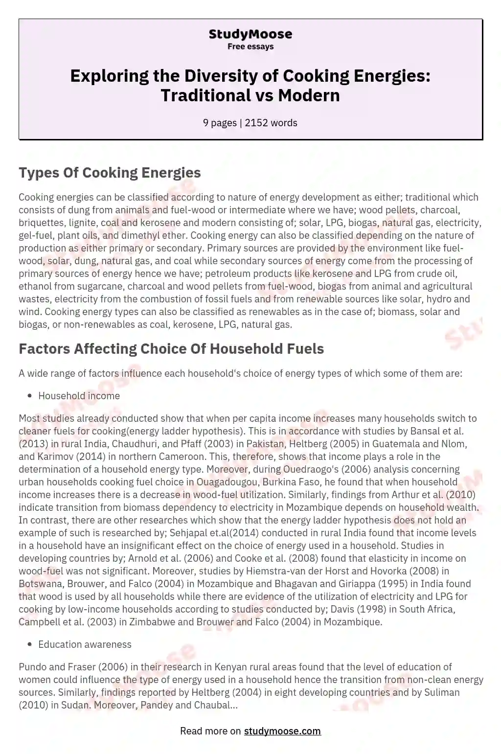 Exploring the Diversity of Cooking Energies: Traditional vs Modern essay