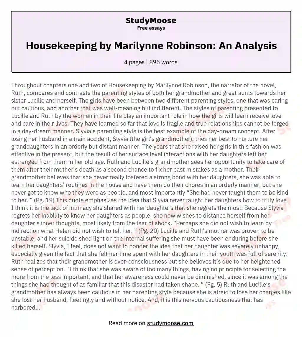 Housekeeping by Marilynne Robinson: An Analysis essay