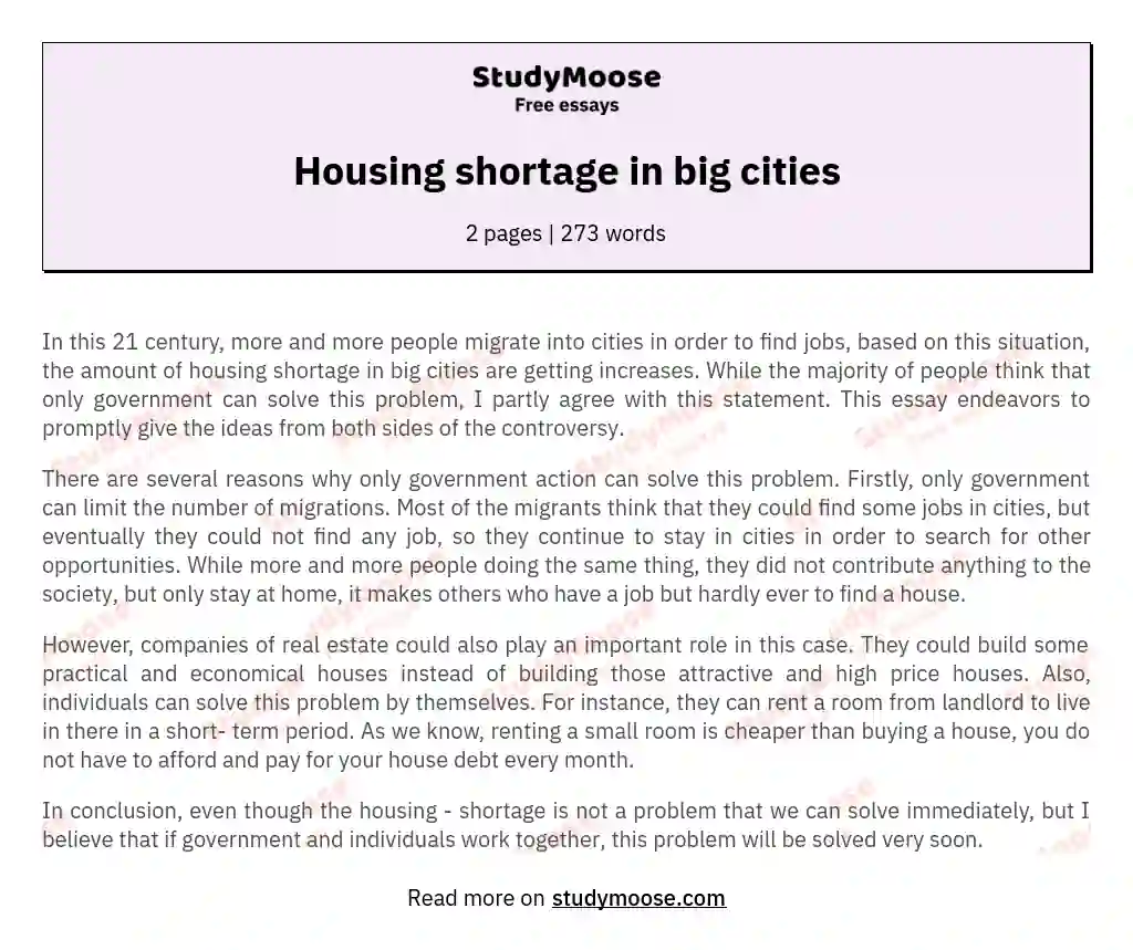 Housing shortage in big cities essay