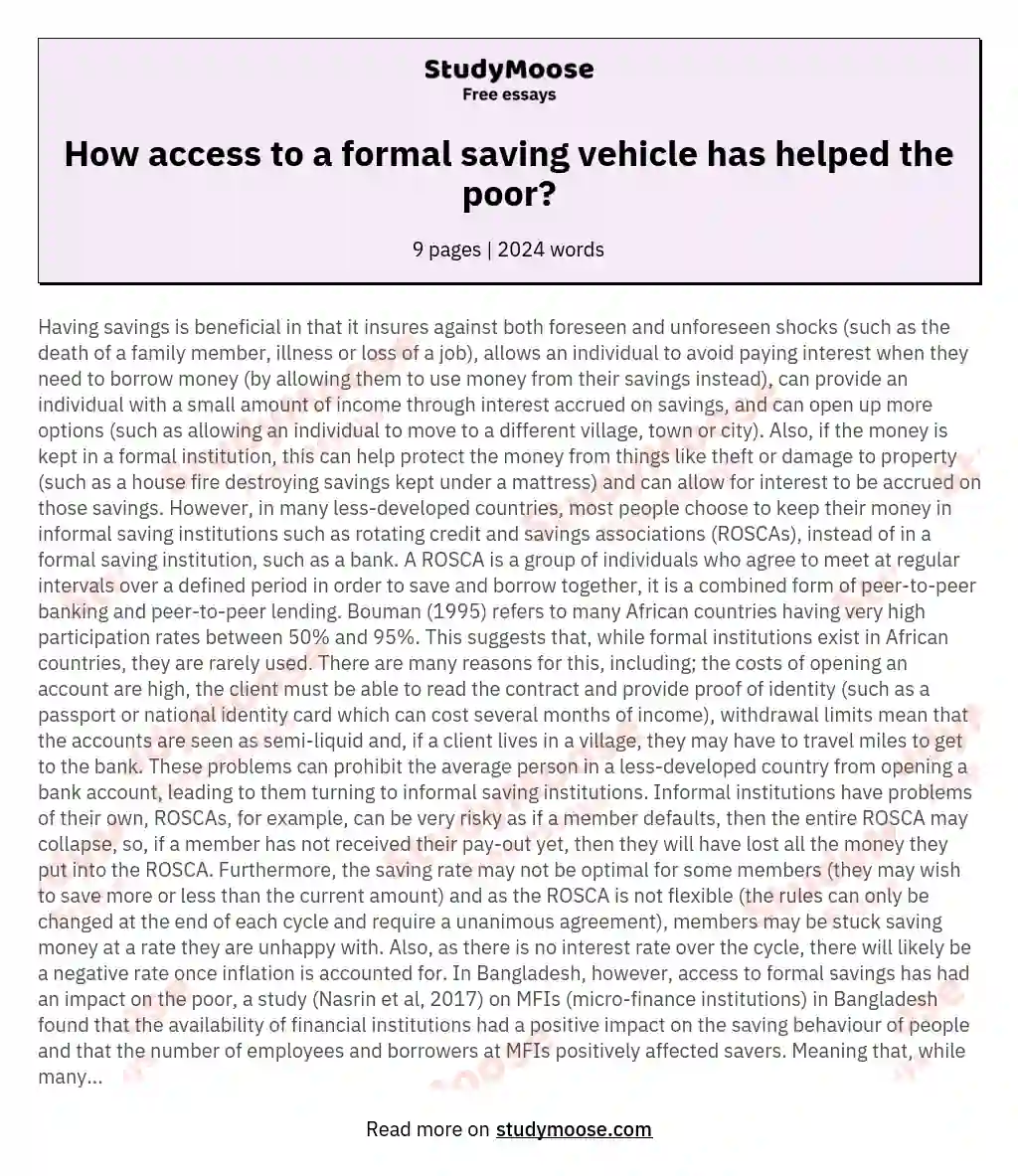 How access to a formal saving vehicle has helped the poor? essay