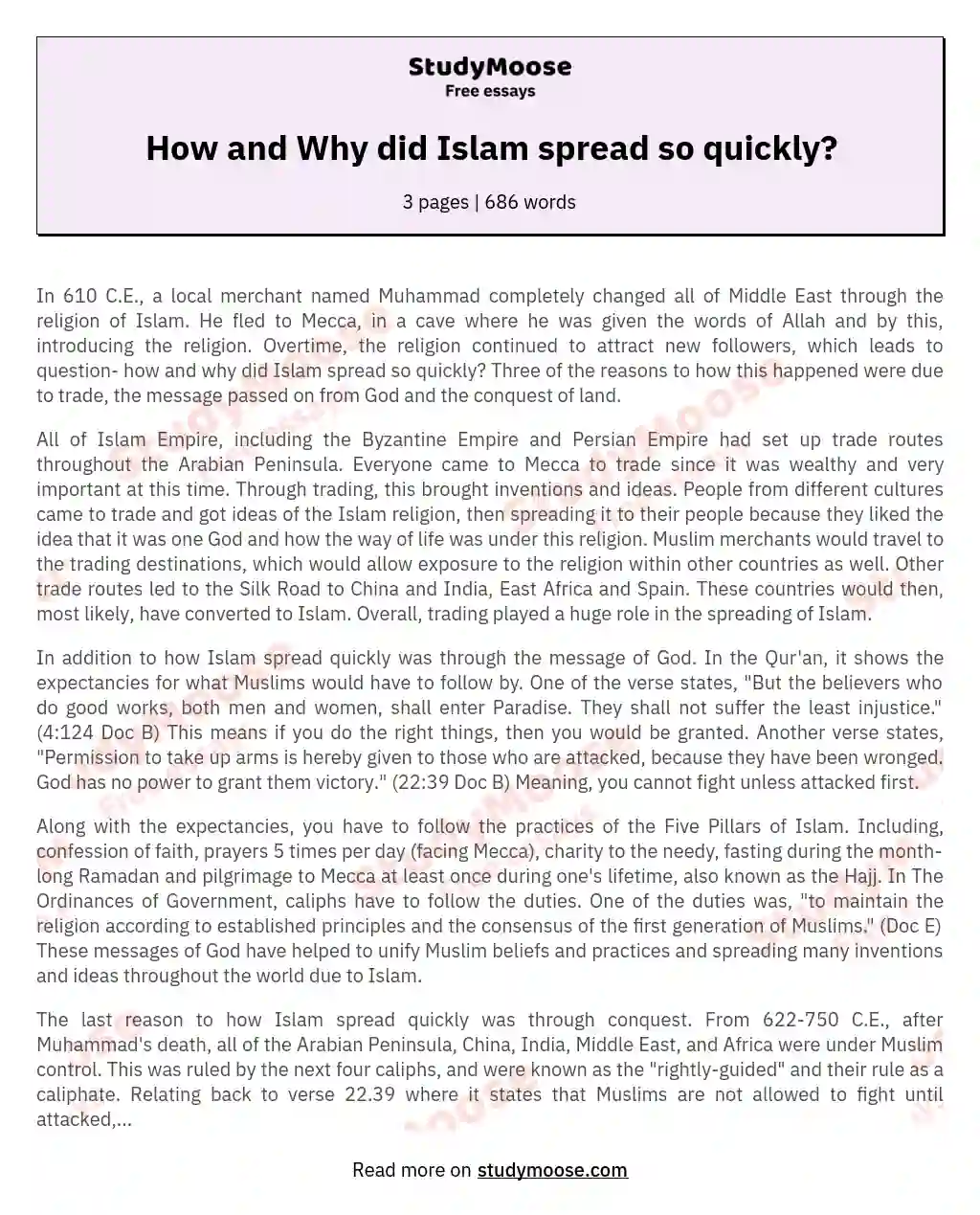 How and Why did Islam spread so quickly? essay