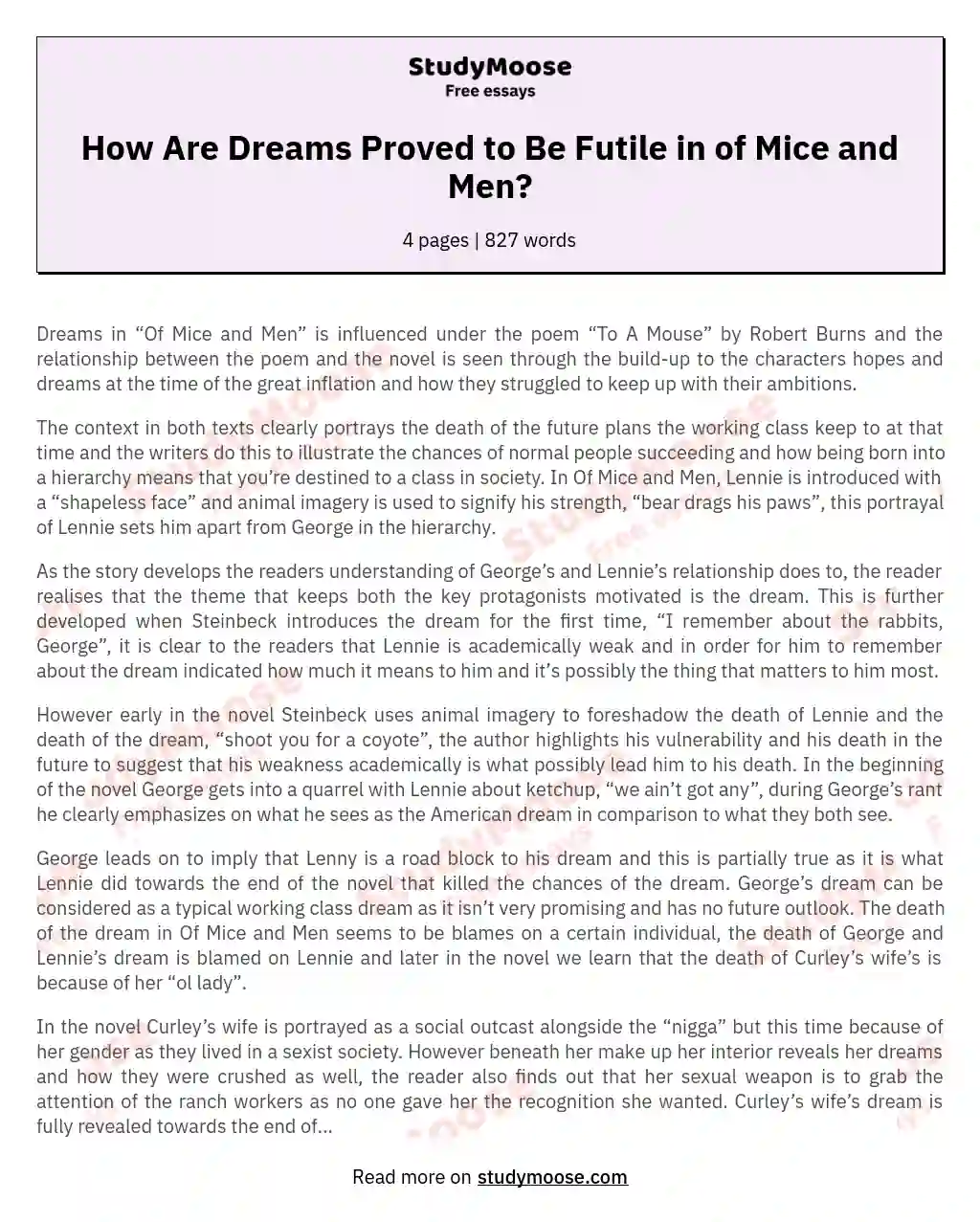 How Are Dreams Proved to Be Futile in of Mice and Men? essay