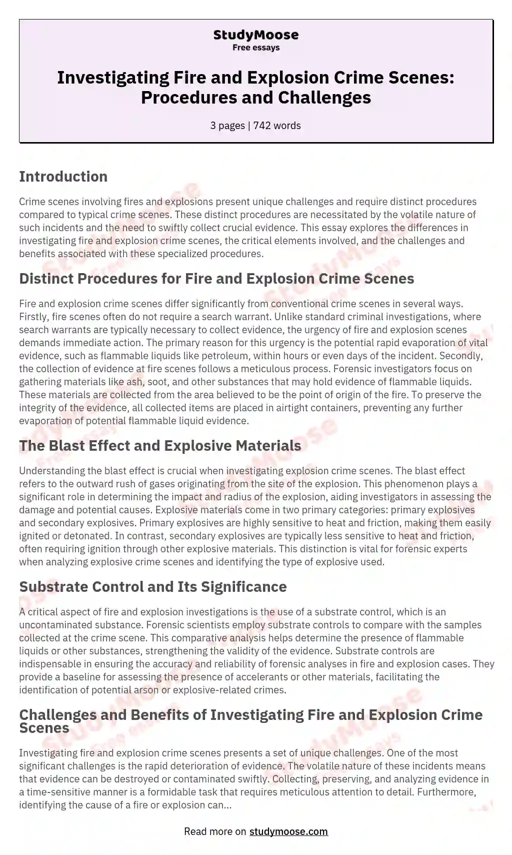 Investigating Fire and Explosion Crime Scenes: Procedures and Challenges essay
