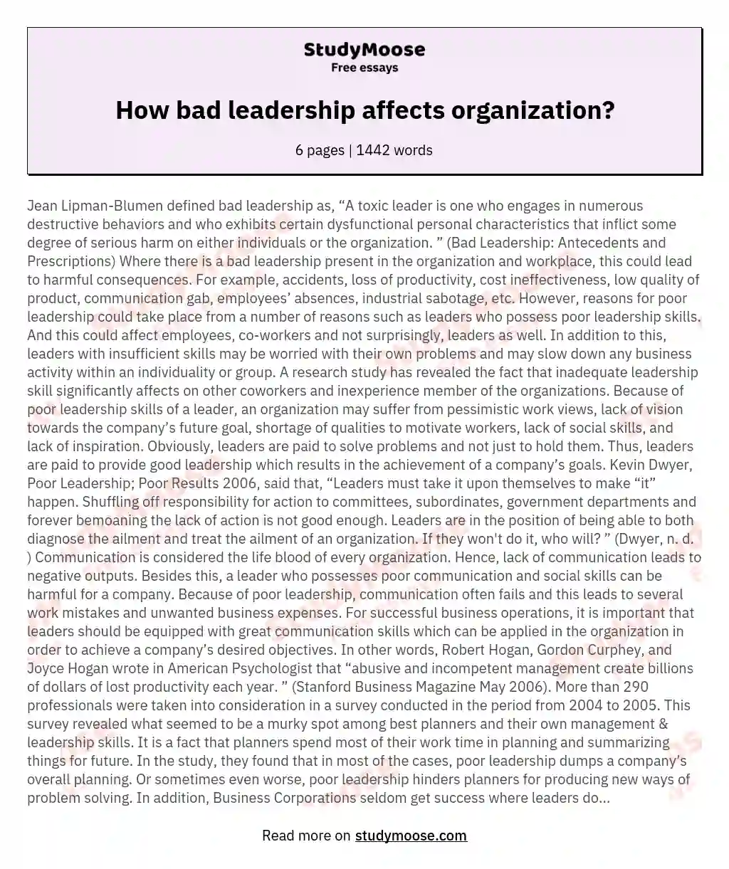 How bad leadership affects organization? essay