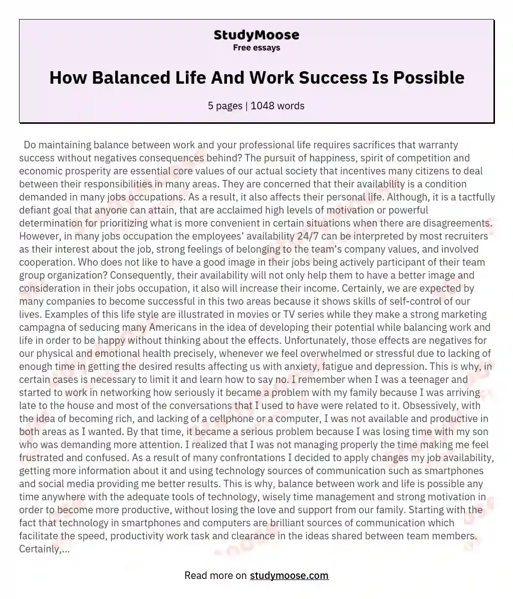 How Balanced Life And Work Success Is Possible essay