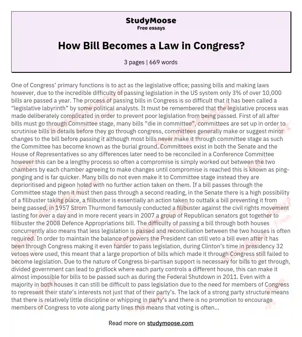 How Bill Becomes a Law in Congress? essay