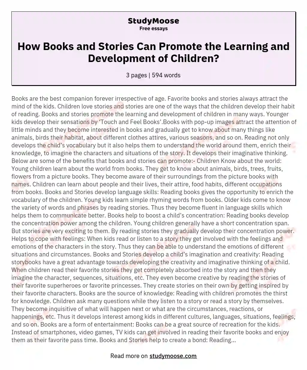 How Books and Stories Can Promote the Learning and Development of Children? essay