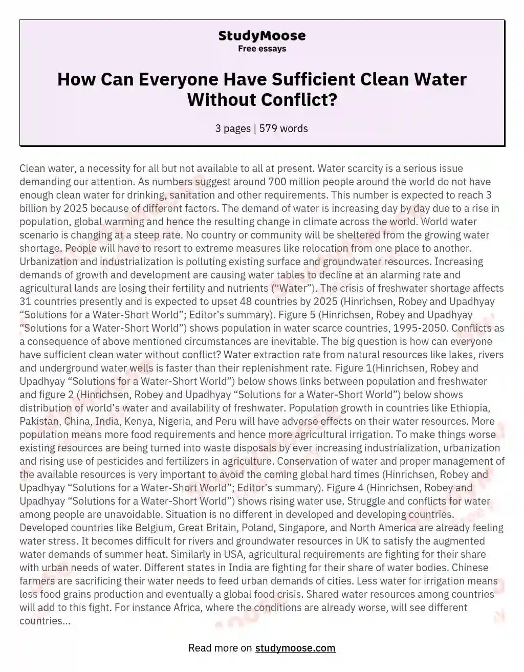 How Can Everyone Have Sufficient Clean Water Without Conflict? essay