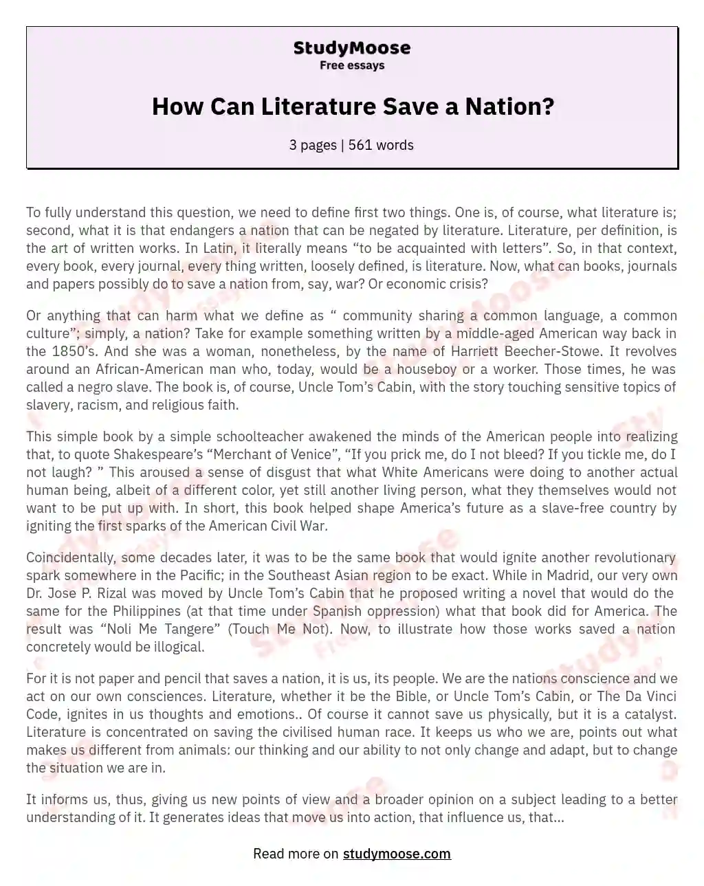 How Can Literature Save a Nation? essay