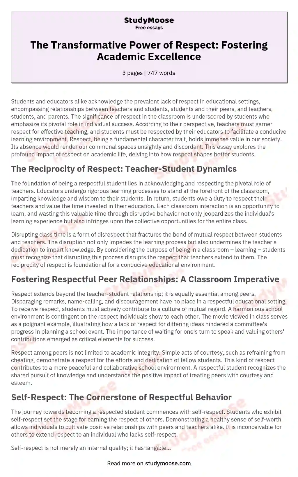 The Transformative Power of Respect: Fostering Academic Excellence essay