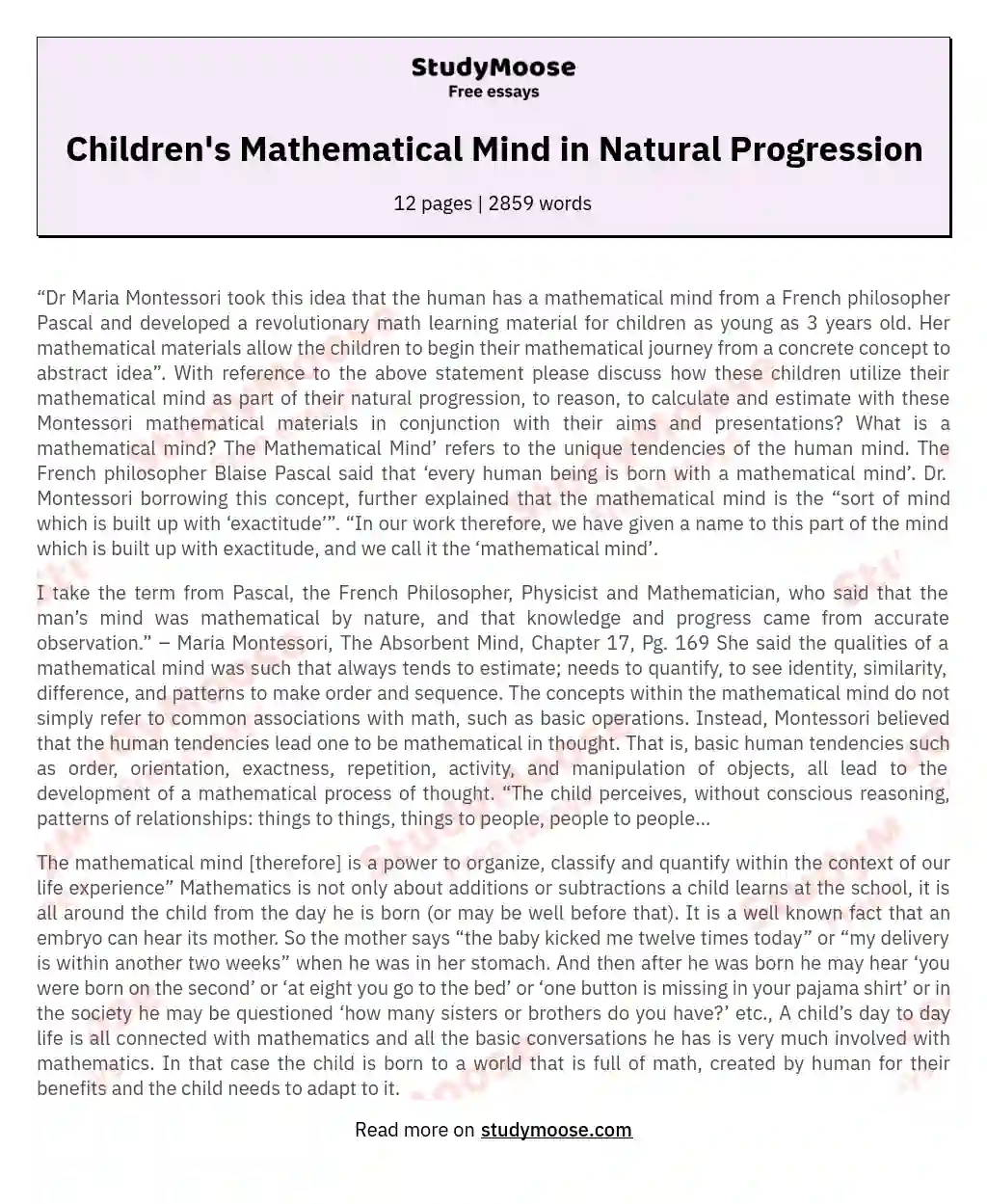 Children's Mathematical Mind in Natural Progression essay
