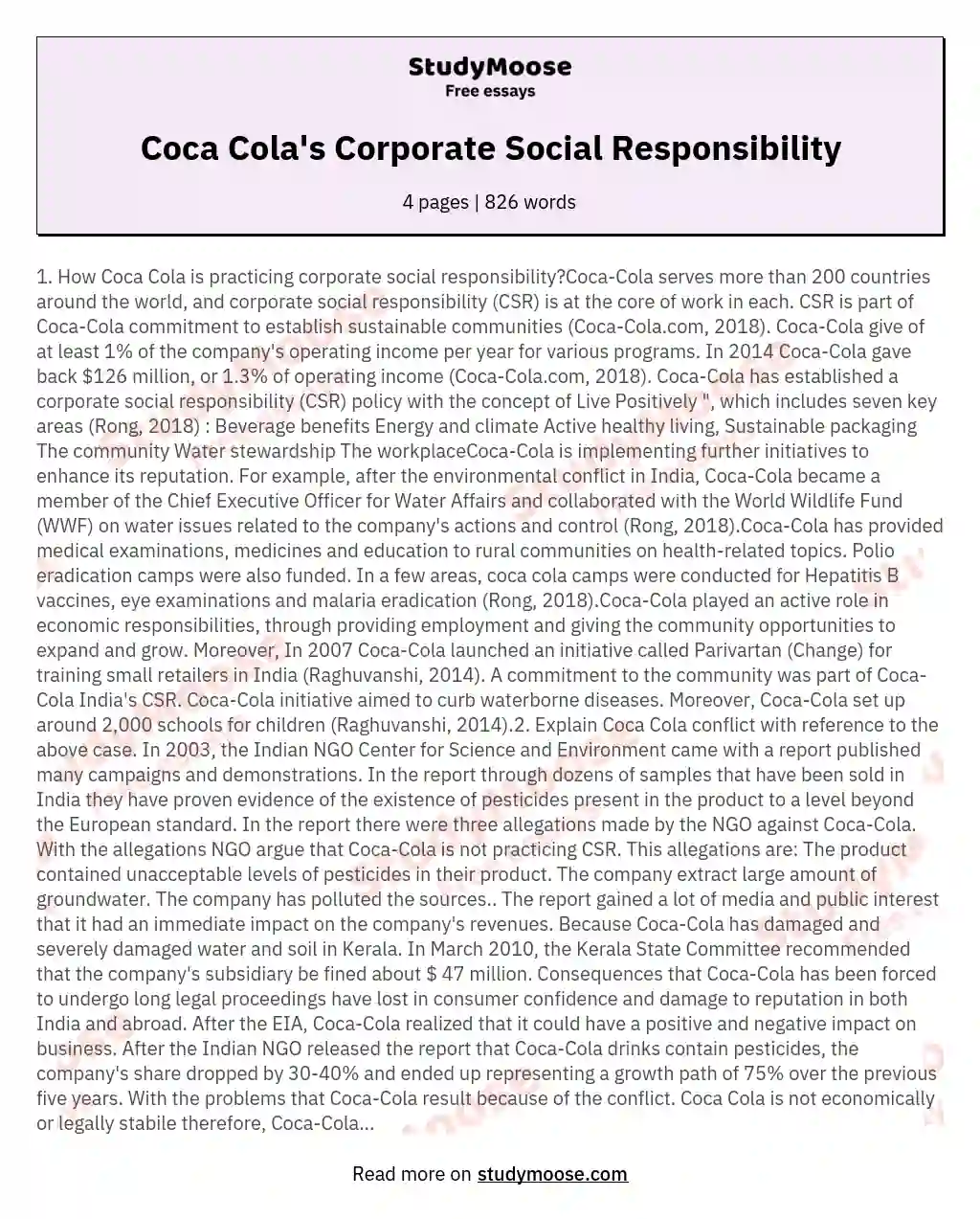 Coca Cola's Corporate Social Responsibility essay