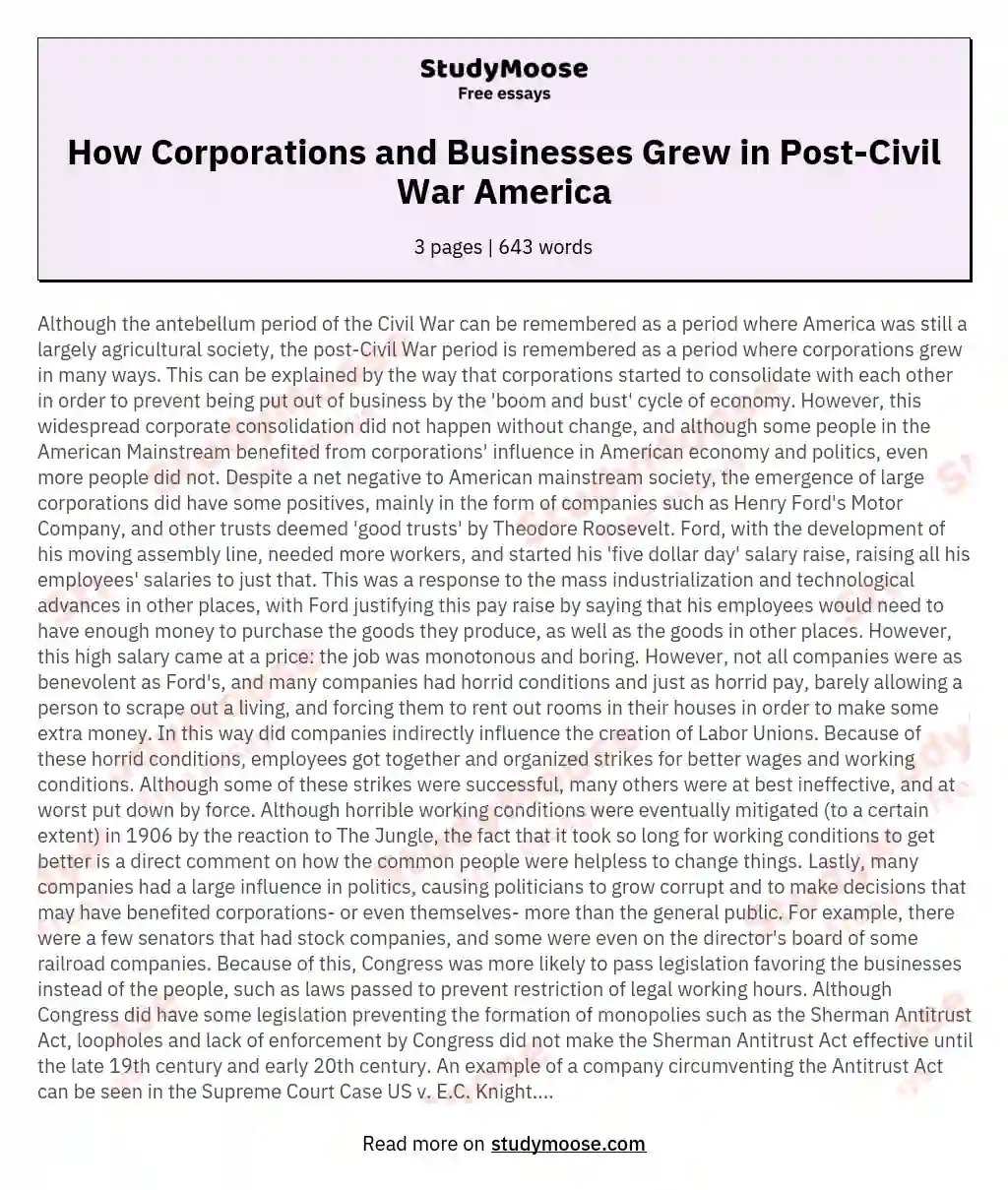 How Corporations and Businesses Grew in Post-Civil War America essay