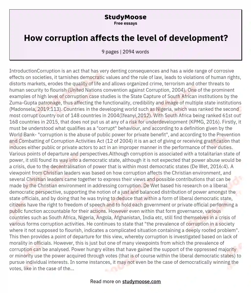 How Corruption Affects The Level Of Development Free Essay Example 
